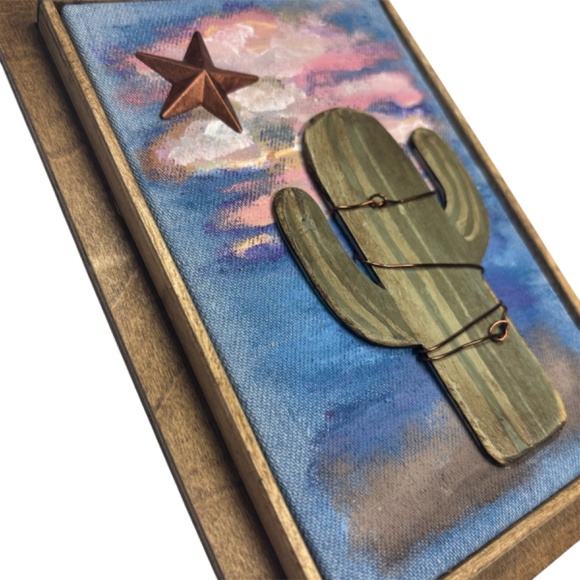 Mixed Media Wall Art Saguaro Cactus Scene Sunset Stars Desert Southwest 6 x 8 - Picture 2 of 5